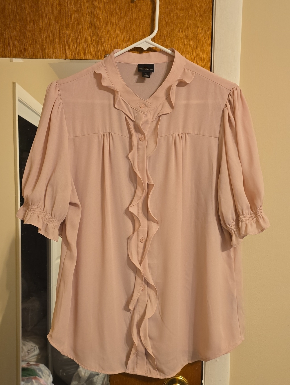 Worthington Soft Blush Ruffle Front Short Sleeve Blouse